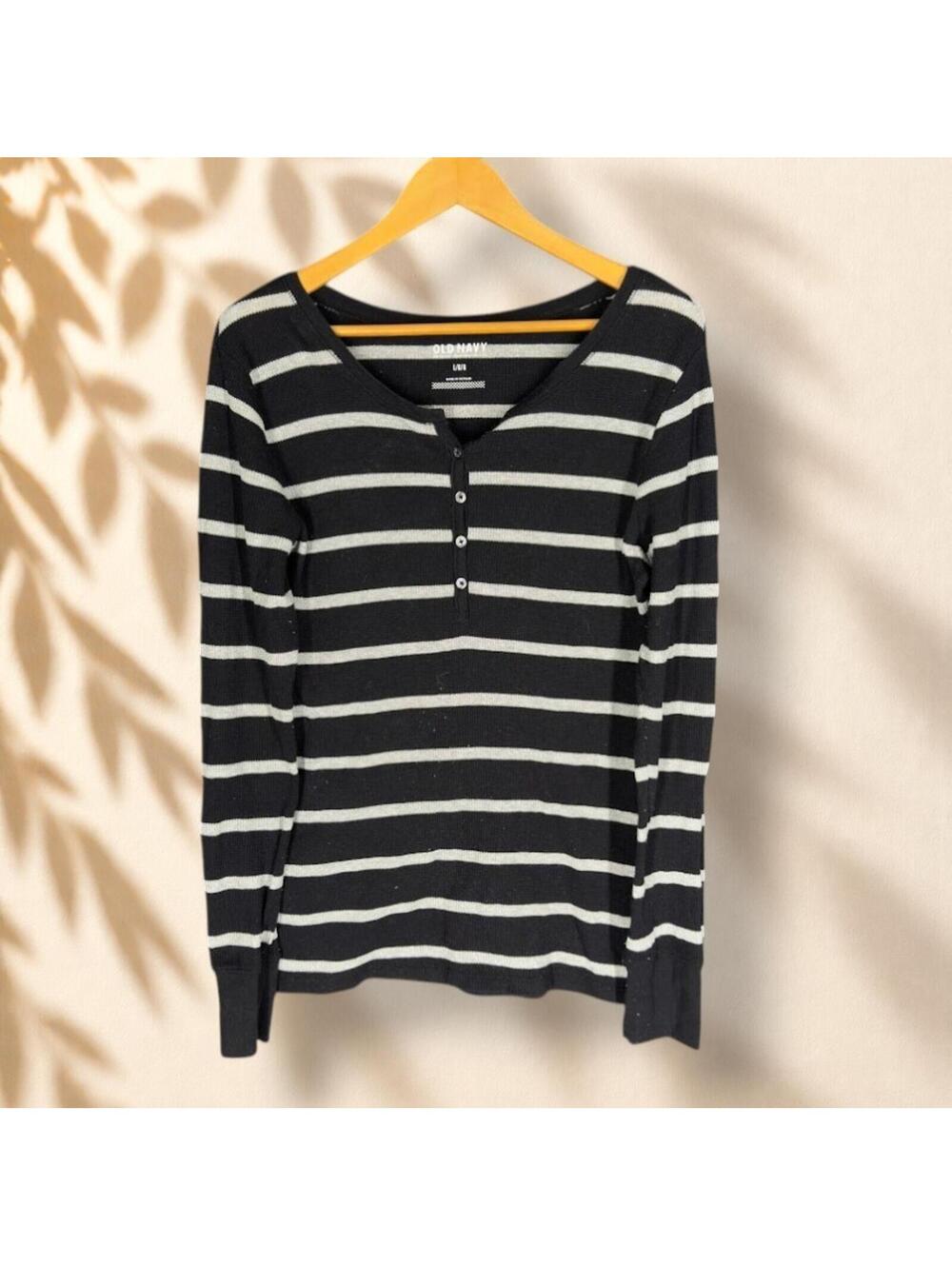 Old Navy T-Shirt Women L Large Black Striped 1/2 Button Long Sleeve Cotton